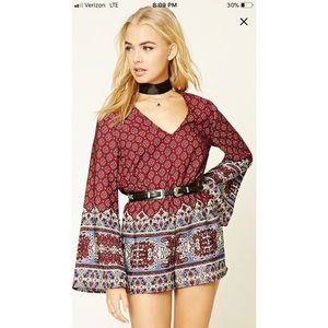 Forever 21 Burgundy and Blue Printed Romper